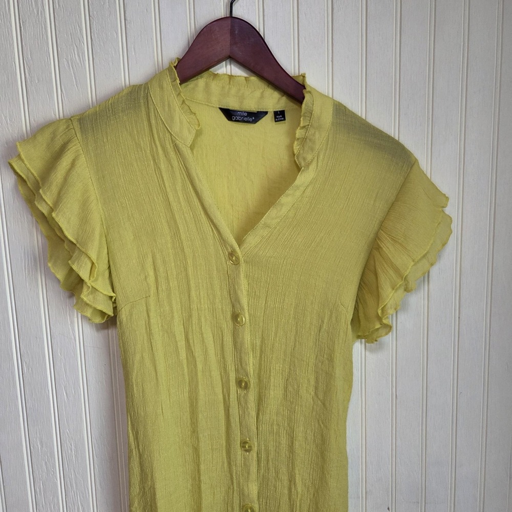 Mlle Gabrielle Dress Womens Large Yellow Button Front Flutter Sleeve Belted